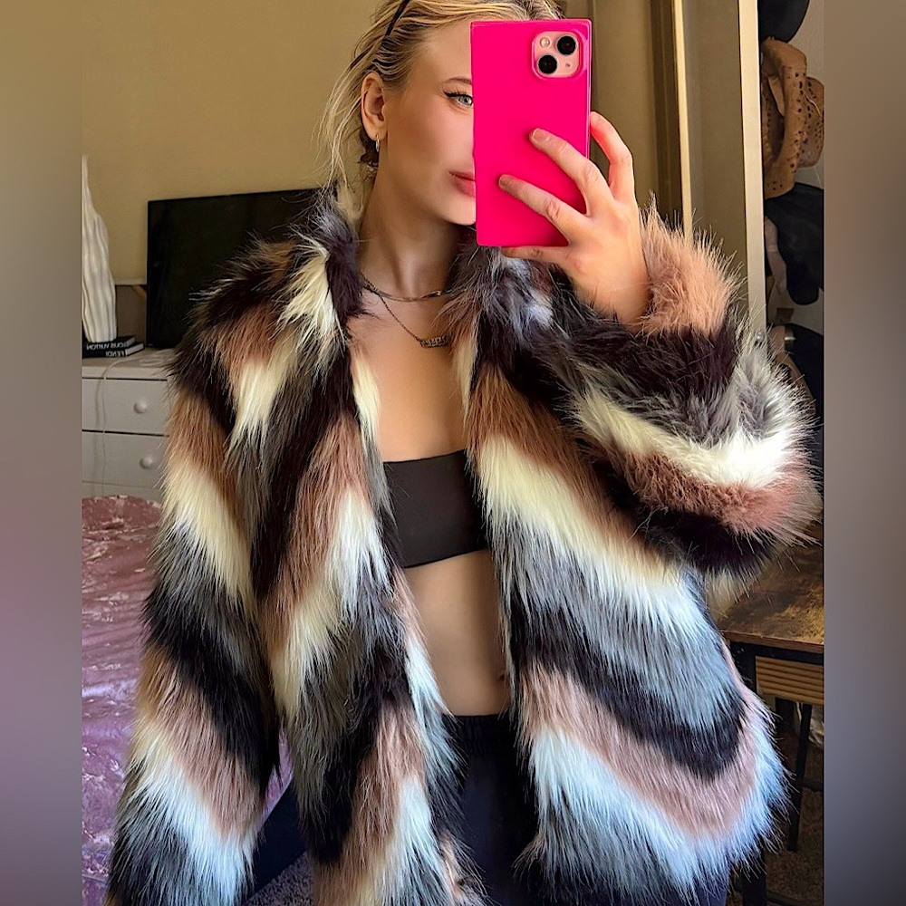 Forever 21 Striped Faux Fur Teddy Jacket